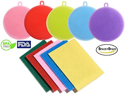 Fruit Vegetable Cleaner Food Grade Silicone Dish Scrubbers Antibacterial Brushes Multi-purpose Cleaning Brushes Kitchen Sponges for Washing Glass Bottle Pot Pan 10 Pack (Round Shape in Multi-color)