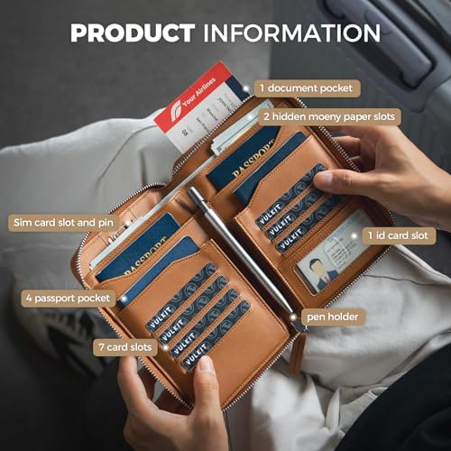 VULKIT Leather Family Passport Holder for 4-6 Passports, Premium Document Organizer Case, Large Travel Wallet for Couples and Families.