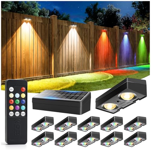 JOFIOS Fence Lights Solar Powered with Remote 12 Pack, Warm White, Cool White and RGB Color Glow LED Solar Lights Outdoor, Dusk to Dawn Solar Fence Lights for Patio, Backyard, Railing, Deck, and Wall