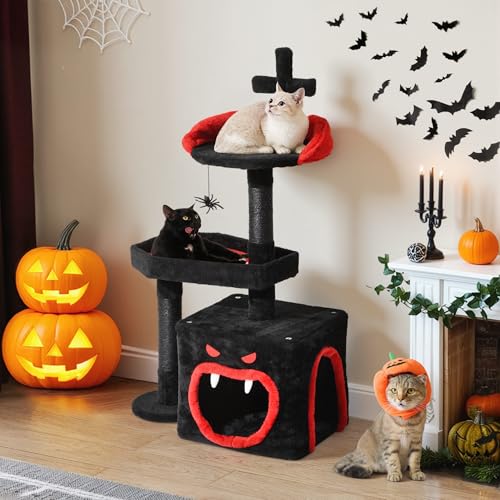 DWVO Gothic Halloween Cat Tree: 38.5in Tower with Coffin Bed, Top Perch, Spacio…