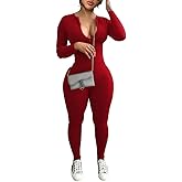 Mrskoala Women Long Sleeve Bodycon Jumpsuit One Piece Zip Up Romper Red XL