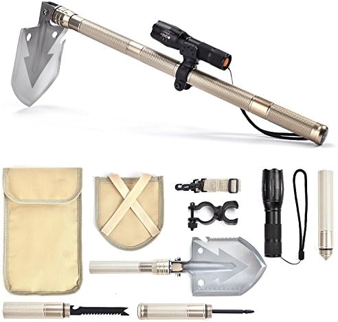 EVESUN Compact Multifunctional Detachable Shovel Outdoor Camping Hiking Backpacking Must-have Accident Survival Too with Flashlight(Gold)