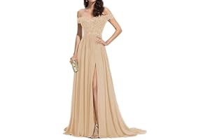 seezom Women's Laces Appliques Bridesmaid Dress Chiffon Prom Dress Off Shoulder Formal Evening Party Gowns with Slit