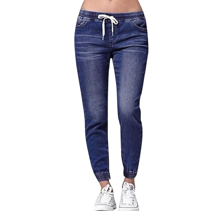 Luckycat Damen Herbst Elastic Plus lose Denim beiläufiger Drawstring Plus geerntete Jeans Boyfriend Jeans Mode 2018