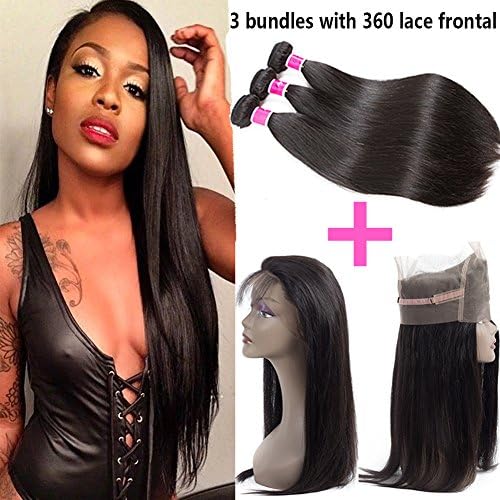 Sky Hair 360 Lace Frontal Closure With Bundles Straight Unprocessed Brazilian Straight Hair 3 Bundles with 360 Lace Closure Human Hair Weave Bundles Natural Black(24 26 28 + 20)