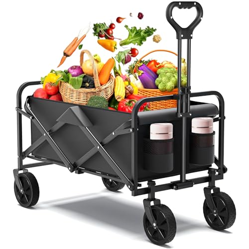 Yoawllty Trolley Cart,Collapsible Folding Wagon with All Terrain Wheels and Drink Holders,Portable Large Wagon for Camping,Shopping,Garden and Beach,Grass,Sand,Fishing(Black)