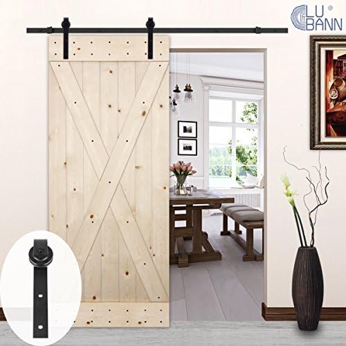 LUBANN 36in.x 84in. Unfinished X-Brace Knotty Pine Barn Door with 6.6ft Sliding Door Hardware Kit (Classic J Style)