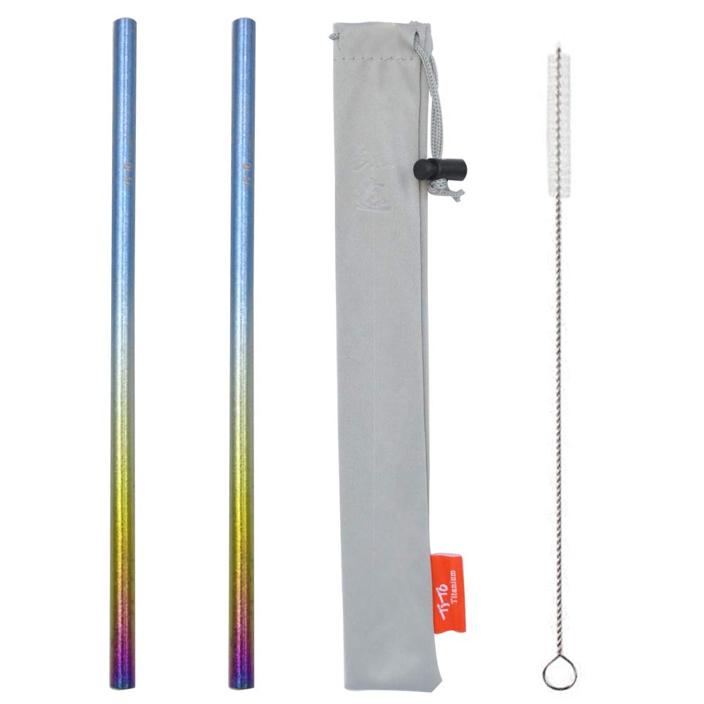 TiTo 2Pcs Titanium Metal Straw Reusable Colorful Ultralight Drinking Straws with Cleaning Brush and Bag for Smoothie, Milkshake, Cocktail and Hot Drinks(Multicolour,Straight)