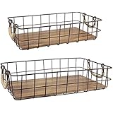 Stonebriar Juego de canastas de madera y alambre de metal rectangulares apilables de 2 piezas con asas envueltas en cuerda, decoración rústica para almacenamiento en el hogar, canastas decorativas para servir para bodas, cumpleaños y fiestas navideñas