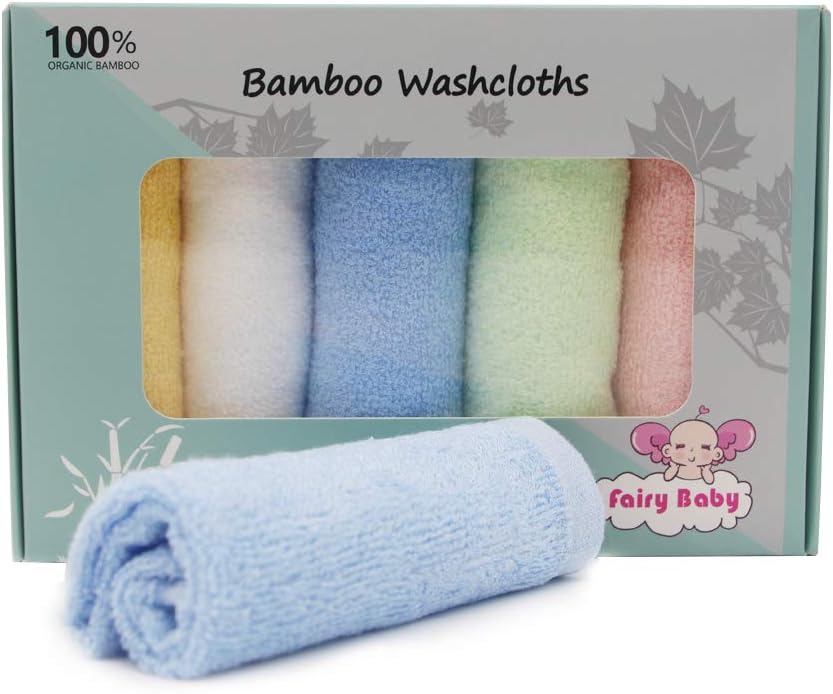 Fairy Baby 5 Pack Organic Bamboo Baby Washcloths 10x10 Anti-Bacterial Reusable