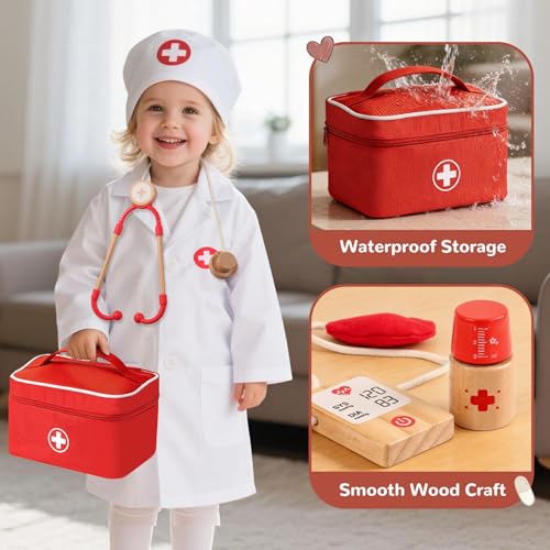 Doctor's Case Children from 3 Years, Toy from 3 Years, Wooden Doctor Case with Doctor's Coat, Doctor's Bag, Stethoscope, Thermometer, Role Play Children's Toy, Gift Children 3 4 5 Years Girls Boys