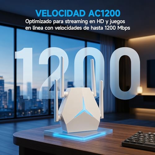 WiFi Extender Signal Booster, AC1200 1200Mbps Dual Band WiFi Repeater, 1115㎡ Coverage & 100+ Devices Simultaneous Connection, 4 Antennas MIMO with Ethernet Port for Home Office