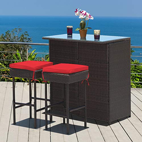 Tangkula Patio Bar Set, 3 Piece Outdoor Rattan Wicker Bar Set with 2 Cushions Stools & Glass Top