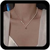 Iaceble Boho Pearl Chain Necklace Puffed Heart Pendant Necklace Pearl Bead Choker Necklace Gold Paperclip Chain necklace Jewelry for Women and Girls