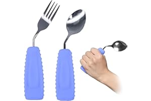 Ehucon Adaptive Utensils,Parkinson’s Spoon, Handicap Aid, Angled Silverware Spoon and Fork Set for Elderly, Arthritis, Dementia, Disable, Handicapped Hands(Left Hand,Pack of 2,Purple)