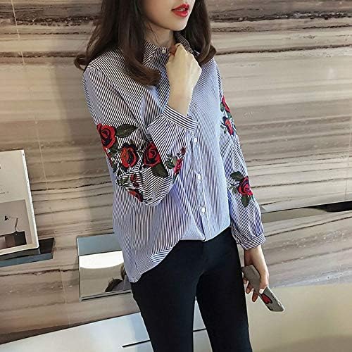 Yaoaomon Women Long Sleeves Shirts Summer Korean Style Shirts Stripe Embroidered Blouse blue S