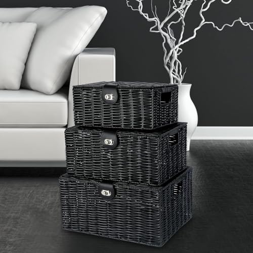 Homodoskey Set of 3 Woven Storage Basket Box Wicker Hamper Stackable Bin with Lid & Lock, Built-in Carry Handles, Organizer for Nursery, Baby Closet, Diaper, Toys, Home, Office, Laundry, DVD (Black)