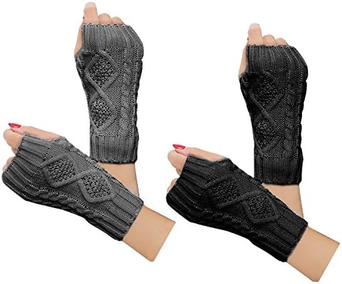 2 Pairs Women Winter Warm Knit Fingerless Gloves Hand Crochet Thumbhole Arm Warmers Mittens