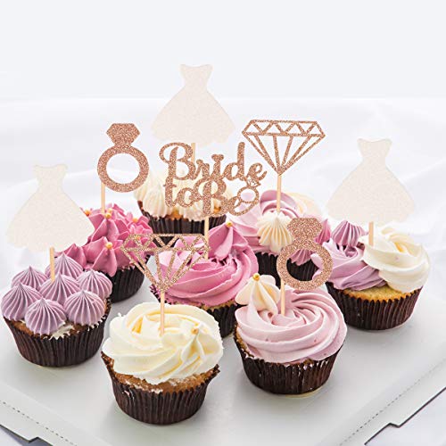 Donoter 48 Pcs Glitter Bride to be Cupcake Toppers Diamond Ring Wedding Dress Cupcake Picks for Wedding Engagement Bridal Shower Party Decorations - Thumbnail 4