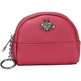 Yocipa Small Bee Zipper Coin Purse Pouch Wallet Genuine Leather Change Purse Holder for Women with Keychain Ring (Wine red)