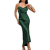 Women's Satin Spaghetti Strap Cowl Neck Backless Midi Wedding Guest Dress Ruched Sleeveless Tie Summer Dresses