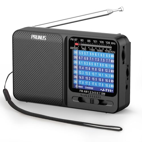 PRUNUS J-711 Am/SW/FM Rechargeable Small Portable Radio, Transistor Radio AA Batteries and USB-C Charging, Excellent Reception, with Headphone Jack, Radio Pocket with Cord for Walking, Travel.(Black)