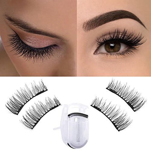 Dual Magnetic False Eyelashes 3D Fiber Reusable Natural Wispy Lashes Fake Eyelash Extensions-Long Bushy Magnetic Handmade Length:12MM 1Pair(4Pieces)+Eyelash Curler (Natural Thin)