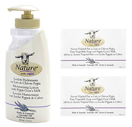 Caprina by Canus Nature Lavender Oil Moisturizing Lotion and Nature Pure Vegetal Oil Base Soap Lavender Oil (Pack of 2) Bundle with Goat Milk, Soybean Oil, and Lavender Oil, 11.8 oz. and 5 oz.
