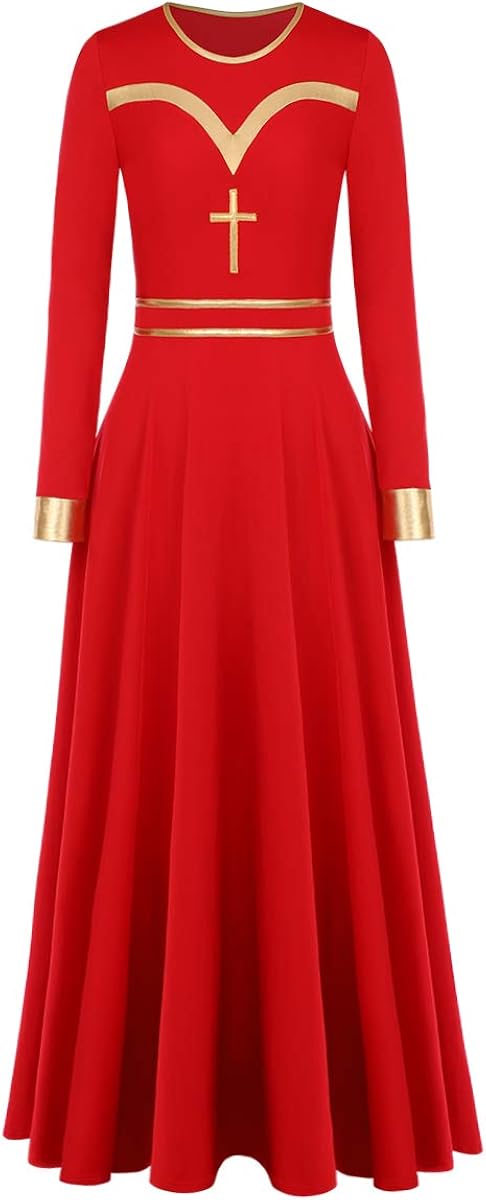 IBAKOM Liturgical Praise Dance Worship Long Dress for Women Metallic Gold Color Block Loose Fit Full Length Church Dancewear: Clothing