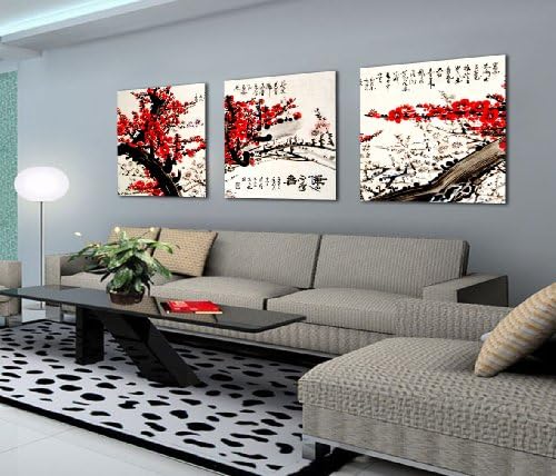 yozhohoo 3 Panel Black White And Red Modern Chinese Art Plum Tree Blossom Flowers Floral Picture Painting on Canvas Print Without Framed Love Romance Wall Art Home Decorations