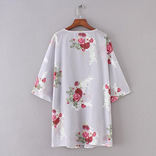 Tootu Women Chiffon Loose Shawl Print Kimono Cardigan Top Cover Up Blouse Beachwear (S, Gray)