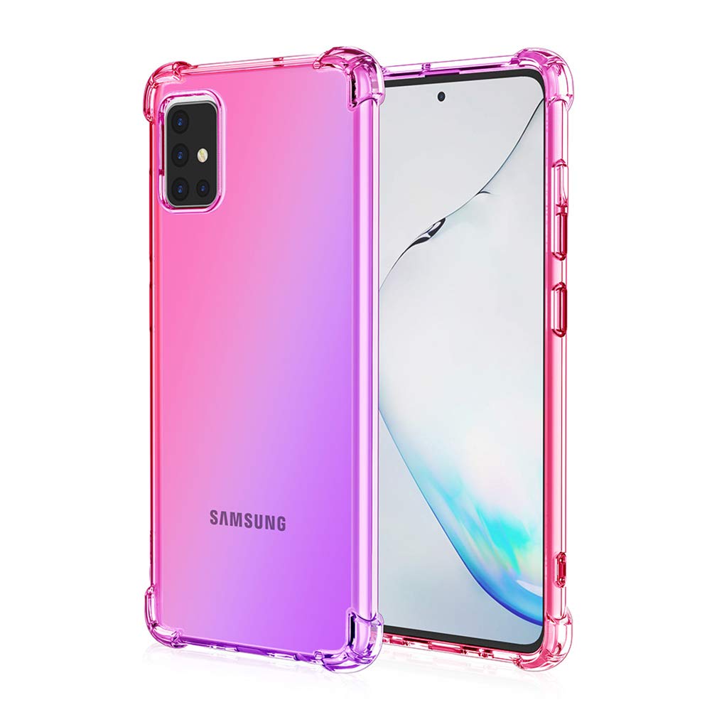 HAOYE Case for Samsung Galaxy A71 Case, Gradient Color Ultra-Slim Crystal Clear Anti Smudge Silicone Soft Shockproof TPU + Reinforced Corners Protection Phone Cover (Pink/Purple)