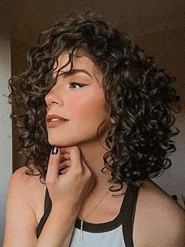 WIGNEE Lace Front Curly Bob Human Hair Wig 100% Brazlian Human Hair Wavy Middle Part Glueless Wig for Women Natural Black Wig (curly bob)