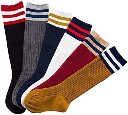 6 Pack Baby Girls Boys Toddler Kids Cotton Stripe Knee High Stockings Tube Football Socks (M(3~5T))