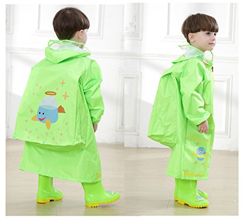 YOUDirect Kids Raincoat - Girl Boy Carton Waterproof Hooded Rain Jacket Lightwight Children's Poncho Teens Rainwear with School Bag Cover (L (Fit 3.94~4.75ft Height), Green Airship)