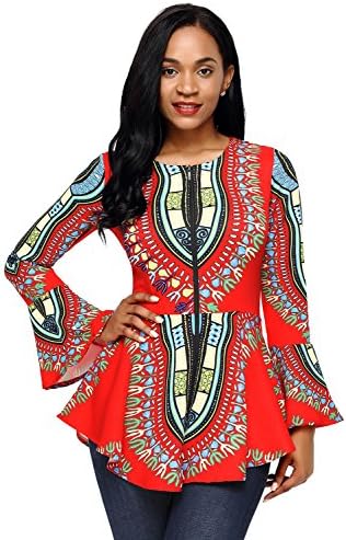 Women's Cobalt Blue African Print Zipper Front Hem Fold Bottom Puff Sleeve Long Sleeve Top Blouse XXL