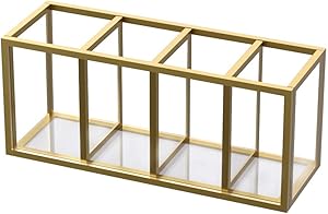 NIUBEE Acrylic Pen Holder 4 Compartments, Gold Copper Border Pencil Organizer Cup for Countertop Desk Accessory Storage