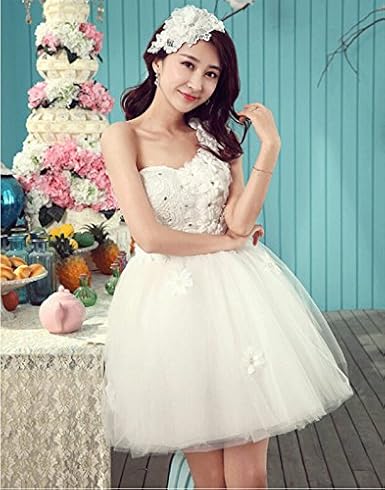 Amazon ウェディングドレス ミニ プリンセスライン ドレス 二次会 結婚式 披露宴 花嫁 白ワンピース 編み上げ 大人 上品 レース お姫系 ミニドレス エレガント ベアトップドレス ワンショルダー W D038 S ワンピース チュニック 通販