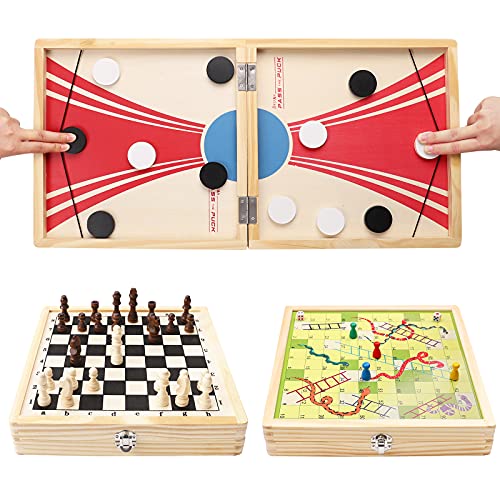 3-in-1 Chess Board Set, Foldable Large Size Sling Puck Game, Table Top Snake and Ladder Board Game, Foosball Winner Wooden Game Toy for Adults Kids Family
