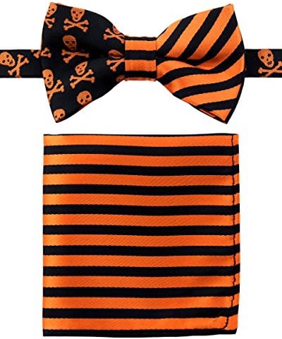 Canacana Cool Funky Skulls Woven Microfiber Pre-tied Boy's Bow Tie with Stripes Pocket Square Gift Box Set - Orange and Black - 8 - 10 years, Christmas gift
