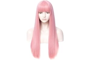netgo Pink Wigs, Long Straight Wig with Bangs for Women, 27 inch Heat Resistant Synthetic Cosplay Party Wigs With Bangs for Girls
