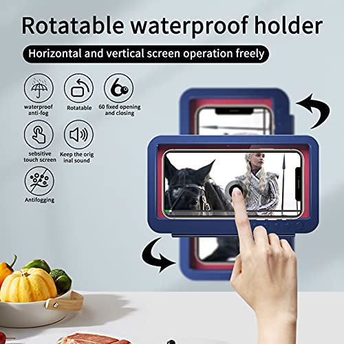 Creahaus Upgraded Rotatable Shower Phone Holder, Waterproof Phone Shower Case with Sound Outlet and Anti Fog Touch Screen, Self Adhesive Wall Mounted Phone Holder for Shower ,Bathroom, Kitchen(Blue)