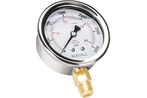 ELECALL 3000psi Silicone Oil Filled Hydraulic Pressure Gauge for Water Oil Pressure Test in Pool Pump Sand Filter Air Compressor Water System, 2-1/2" Stainless Steel Case, Lower Mount 1/4" NPT