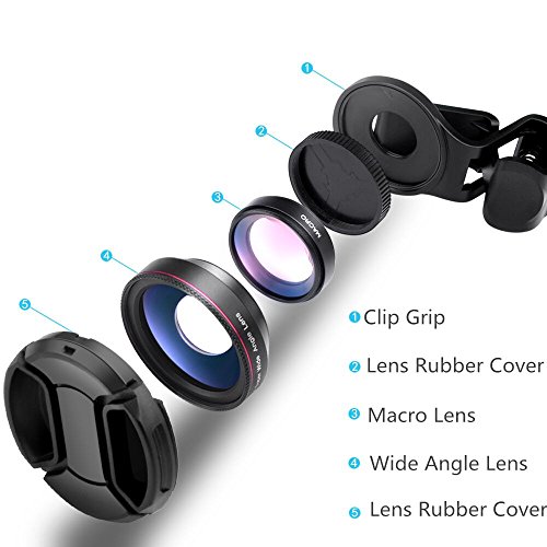 Phone Camera Lens, 2 in 1 Clip-On Lens Kit 0.45X Super Wide Angle Lens & 12.5X Macro Lens for iPhone, Samsung, Android and Other Smartphones (Black)