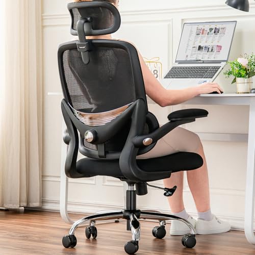 TONFARY Ergonomic Home Office Chair, High Back Mesh Desk Chair with Adjustable Lumbar Support, Flip-up Armrest, Removable Headrest, Swivel Computer Gaming Chair, Space Saving, 150KG (Black)