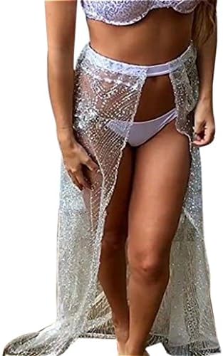 Luweki Beach Cover Up Bikini dress Sequins Swimwear Coverup Sarong Wrap Pareo Swimsuit Skirt (XL, Silver)