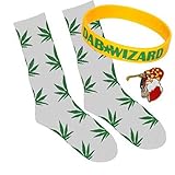 White Leaf Plant Pattern Life Cotton High Socks, Yellow Wristband and Red Pin