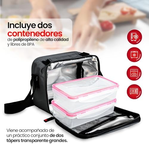 Saco de Comida Térmica 4,2 L - Saco Térmico Conjunto com 2 Recipientes Herméticos de 0,6 L e 0,8 L, Lancheira de Parede Extra Espessa com Efeito Frigorífico, Lancheiras de Trabalho, Camping, Cinzento