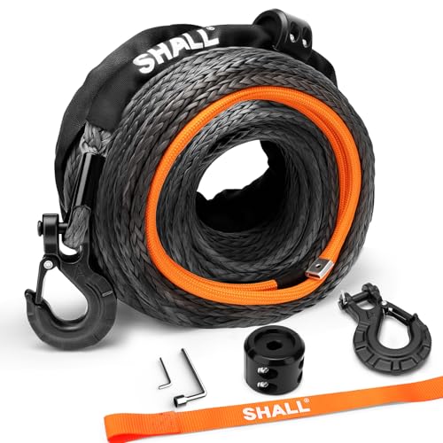 SHALL Tow Straps & Ropes, Synthetic Winch Rope 12mm x 28m, 16 Ton (16500 LB), Protective Sleeve, Forged Winch Hook and Safety Strap.