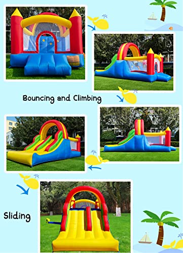HuaKastro 16x7.2FT Bouncy Castle with 2 Racing Slides & Large Climbing Wall, 3 in 1 Kids Inflatable Bounce House, Rainbow Jumping Castle, Kids Backyard Playgrounds - with Air Blower